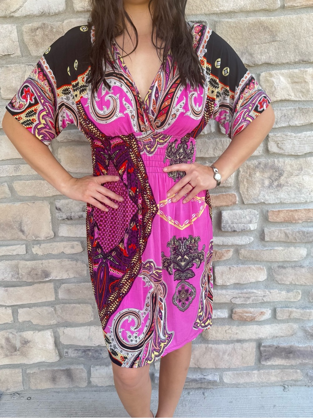 5th & Love Pink Paisley V-Neck Midi Dress with Black Accents